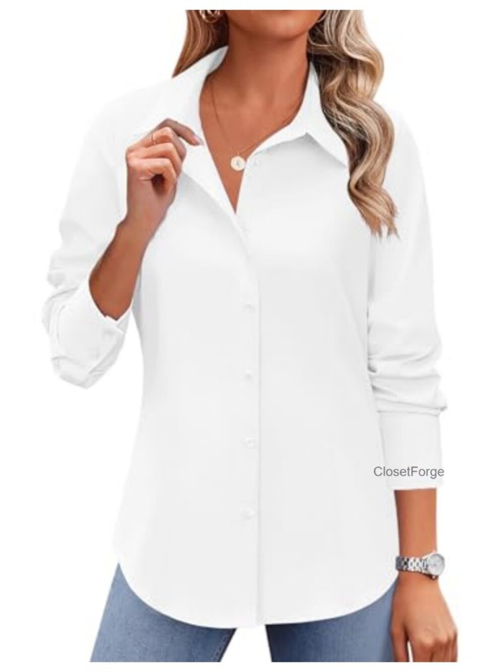 Wrinkle Free Long Sleeve Button Down Shirt Women Work Blouse V Neck